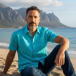 Southern Marsh Mens Turquoise Blue Flamingo Tropical Short Sleeve‎ Shirt Small